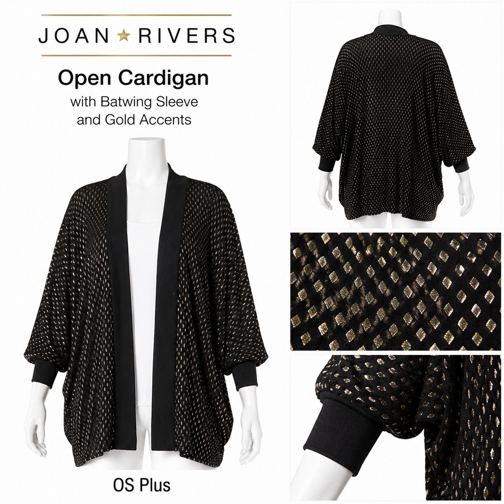 Joan Rivers Open Cardigan Batwing Sleeve Gold Accents Black OS Plus Sweater